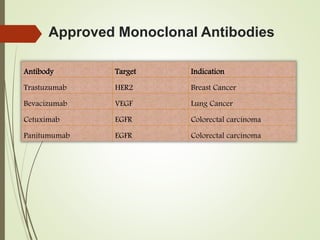 Approved Monoclonal Antibodies
Antibody Target Indication
Trastuzumab HER2 Breast Cancer
Bevacizumab VEGF Lung Cancer
Cetuximab EGFR Colorectal carcinoma
Panitumumab EGFR Colorectal carcinoma
 