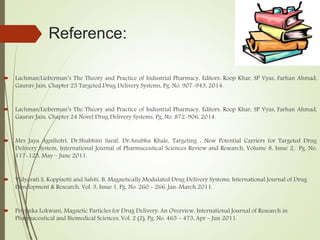 Reference:
 Lachman/Lieberman’s The Theory and Practice of Industrial Pharmacy, Editors: Roop Khar, SP Vyas, Farhan Ahmad,
Gaurav Jain, Chapter 25 Targeted Drug Delivery Systems, Pg. No. 907-943, 2014.
 Lachman/Lieberman’s The Theory and Practice of Industrial Pharmacy, Editors: Roop Khar, SP Vyas, Farhan Ahmad,
Gaurav Jain, Chapter 24 Novel Drug Delivery Systems, Pg. No. 872-906, 2014.
 Mrs Jaya Agnihotri, Dr.Shubhini Saraf, Dr.Anubha Khale, Targeting : New Potential Carriers for Targeted Drug
Delivery System, International Journal of Pharmaceutical Sciences Review and Research, Volume 8, Issue 2, Pg. No.
117-123, May – June 2011.
 Vidyavati S, Koppisetti and Sahiti. B, Magnetically Modulated Drug Delivery Systems, International Journal of Drug
Development & Research, Vol. 3, Issue 1, Pg. No. 260 - 266, Jan-March 2011.
 Priyanka Lokwani, Magnetic Particles for Drug Delivery: An Overview, International Journal of Research in
Pharmaceutical and Biomedical Sciences, Vol. 2 (2), Pg. No. 465 – 473, Apr – Jun 2011.
 