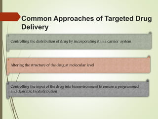 Common Approaches of Targeted Drug
Delivery
Controlling the distribution of drug by incorporating it in a carrier system
Altering the structure of the drug at molecular level
Controlling the input of the drug into bioenvironment to ensure a programmed
and desirable biodistribution
 