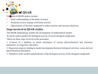 • Goals of QSAR
The goals of QSAR studies include
• better understanding of the mode of action
• Prediction of new analogs with better activity
• Optimization of the lead compound to reduce toxicity and increase selectivity
Steps involved in QSAR studies
The QSAR methodology enables the development of mathematical models.
—
It can be used to predict the biological activity of newly designed compounds.
—
There are three steps involved in this procedure:
1. Creation of a database in which calculation of various physiochemical and structural
parameters of congeneric take place.
2. Regression analysis leading to model development between biological activities versus derived
physiochemical descriptors.
3. Validation of the models and prediction of the biological activity of the designed compounds.
 