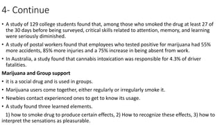 4- Continue
• A study of 129 college students found that, among those who smoked the drug at least 27 of
the 30 days before being surveyed, critical skills related to attention, memory, and learning
were seriously diminished.
• A study of postal workers found that employees who tested positive for marijuana had 55%
more accidents, 85% more injuries and a 75% increase in being absent from work.
• In Australia, a study found that cannabis intoxication was responsible for 4.3% of driver
fatalities.
Marijuana and Group support
• it is a social drug and is used in groups.
• Marijuana users come together, either regularly or irregularly smoke it.
• Newbies contact experienced ones to get to know its usage.
• A study found three learned elements.
1) how to smoke drug to produce certain effects, 2) How to recognize these effects, 3) how to
interpret the sensations as pleasurable.
 