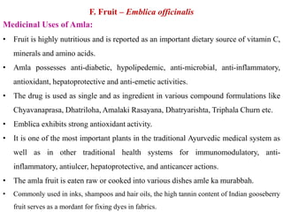 F. Fruit – Emblica officinalis
Medicinal Uses of Amla:
• Fruit is highly nutritious and is reported as an important dietary source of vitamin C,
minerals and amino acids.
• Amla possesses anti-diabetic, hypolipedemic, anti-microbial, anti-inflammatory,
antioxidant, hepatoprotective and anti-emetic activities.
• The drug is used as single and as ingredient in various compound formulations like
Chyavanaprasa, Dhatriloha, Amalaki Rasayana, Dhatryarishta, Triphala Churn etc.
• Emblica exhibits strong antioxidant activity.
• It is one of the most important plants in the traditional Ayurvedic medical system as
well as in other traditional health systems for immunomodulatory, anti-
inflammatory, antiulcer, hepatoprotective, and anticancer actions.
• The amla fruit is eaten raw or cooked into various dishes amle ka murabbah.
• Commonly used in inks, shampoos and hair oils, the high tannin content of Indian gooseberry
fruit serves as a mordant for fixing dyes in fabrics.
 