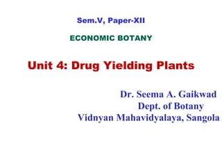 Sem.V, Paper-XII
ECONOMIC BOTANY
Unit 4: Drug Yielding Plants
Dr. Seema A. Gaikwad
Dept. of Botany
Vidnyan Mahavidyalaya, Sangola
 
