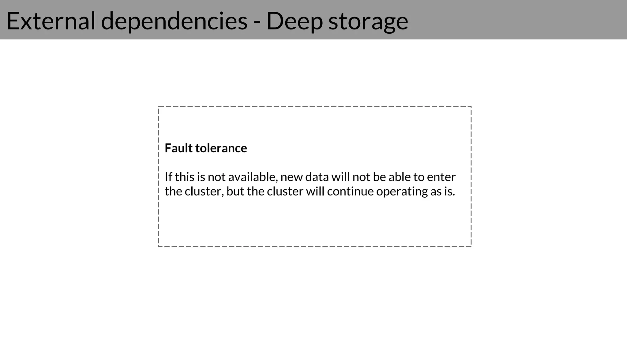 External dependencies - Deep storage
Fault tolerance
If this is not available, new data will not be able to enter
the cluster, but the cluster will continue operating as is.
 