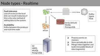 Node types - Realtime
Fault tolerance
Loss of access to the local
disk can result in data loss if
this is the only method of
adding data to the system.
Availability
Kafka between the producer
and real-time node
❏ Process events on
memory
❏ Store periodically to disk
❏ Merge index together and
build immutable blocks of
data (segments)
S3
HDFS
MySQL
PostgreSQL
Kafka
Spark
Flink
Derby (default)
MySQL
PostogreSQL
 