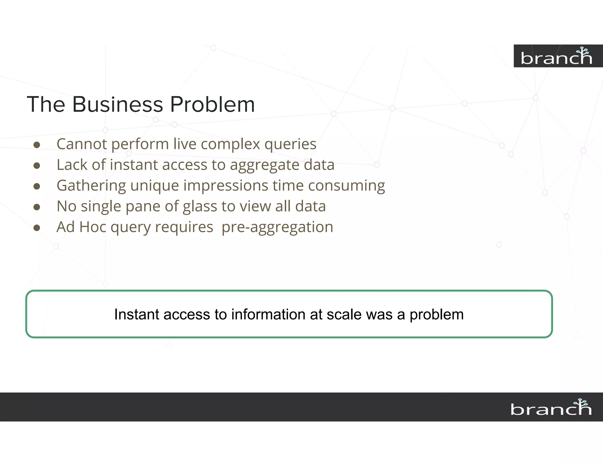 The Business Problem
● Cannot perform live complex queries
● Lack of instant access to aggregate data
● Gathering unique impressions time consuming
● No single pane of glass to view all data
● Ad Hoc query requires pre-aggregation
Instant access to information at scale was a problem
 