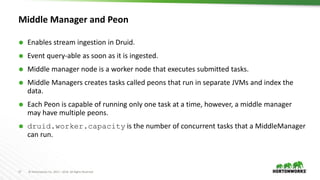 17 © Hortonworks Inc. 2011 – 2016. All Rights Reserved
Middle Manager and Peon
 Enables stream ingestion in Druid.
 Event query-able as soon as it is ingested.
 Middle manager node is a worker node that executes submitted tasks.
 Middle Managers creates tasks called peons that run in separate JVMs and index the
data.
 Each Peon is capable of running only one task at a time, however, a middle manager
may have multiple peons.
 druid.worker.capacity is the number of concurrent tasks that a MiddleManager
can run.
 