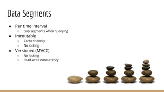 Data Segments
● Per time interval
○ Skip segments when querying
● Immutable
○ Cache friendly
○ No locking
● Versioned (MVCC)
○ No locking
○ Read-write concurrency
 