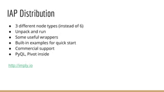 IAP Distribution
● 3 different node types (instead of 6)
● Unpack and run
● Some useful wrappers
● Built-in examples for quick start
● Commercial support
● PyQL, Pivot inside
http://imply.io
 
