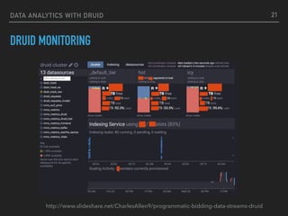 DATA ANALYTICS WITH DRUID
DRUID MONITORING
21
http://www.slideshare.net/CharlesAllen9/programmatic-bidding-data-streams-druid
 