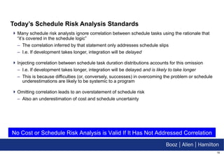 Today’s Schedule Risk Analysis Standards Many schedule risk analysts ignore correlation between schedule tasks using the rationale that “it’s covered in the schedule logic” The correlation inferred by that statement only addresses schedule slips I.e. If development takes longer, integration will be  delayed Injecting correlation between schedule task duration distributions accounts for this omission I.e. If development takes longer, integration will be delayed  and is likely to take longer This is because difficulties (or, conversely, successes) in overcoming the problem or schedule underestimations are likely to be systemic to a program Omitting correlation leads to an overstatement of schedule risk Also an underestimation of cost and schedule uncertainty No Cost or Schedule Risk Analysis is Valid If It Has Not Addressed Correlation 