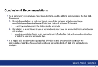 Conclusion & Recommendations As a community, risk analysts need to understand, and be able to communicate, the two JCL Paradoxes Schedule parallelism, a high number of cross-links between activities and large uncertainties on task durations will lead to a high risk adjusted finish date … and low confidence in the deterministic schedule Correlation is a significant driver of schedule risk and must be accounted for in all schedule risk analysis Ignoring correlation leads to an overstatement of schedule risk and an underestimation of both the cost and schedule CVs It is hoped that the correlation guidelines provided in this presentation can begin the conversation regarding how correlation should be handled in both JCL and schedule risk analysis 