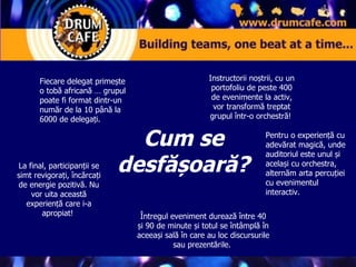 Fiecare delegat primește o tobă  african ă  …  grupul poate fi format dintr-un număr de la 10 până la 6000 de delegați .   Pentru o experiență cu adevărat magică, unde auditoriul este unul și același cu orchestra, alternăm arta percuției cu evenimentul interactiv . La final, participanții se simt revigorați ,  încărcați de energie pozitivă.   Nu vor uita această experiență   care i-a apropiat !  Instructorii noștrii ,  cu un portofoliu de peste 400 de evenimente la activ ,  vor transformă treptat grupul într-o orchestră !   Întregul eveniment durează între  40  și  90  de  minute  și totul se întâmplă în aceeași sală în care au loc discursurile sau prezentările .  Cum se desfășoară ? 