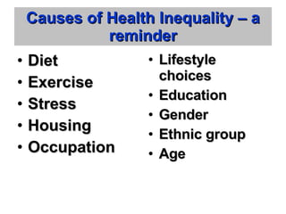Causes of Health Inequality – a reminder Diet Exercise Stress Housing Occupation Lifestyle choices Education Gender Ethnic group Age 