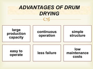 
large
production
capacity
continuous
operation
simple
structure
easy to
operate
less failure
low
maintenance
costs
ADVANTAGES OF DRUM
DRYING
 