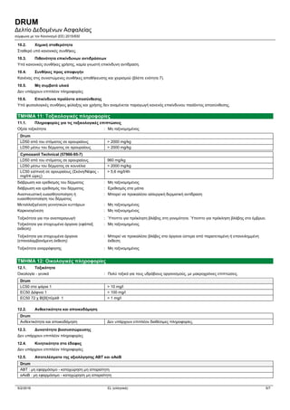 DRUM
Δελτίο Δεδομένων Ασφαλείας
σύμφωνα με τον Κανονισμό (ΕE) 2015/830
5/2/2016 EL (ελληνικά) 5/7
10.2. Χημική σταθερότητα
Σταθερό υπό κανονικές συνθήκες.
10.3. Πιθανότητα επικίνδυνων αντιδράσεων
Υπό κανονικές συνθήκες χρήσης, καμία γνωστή επικίνδυνη αντίδραση.
10.4. Συνθήκες προς αποφυγήν
Κανένας στις συνιστώμενες συνθήκες αποθήκευσης και χειρισμού (βλέπε ενότητα 7).
10.5. Μη συμβατά υλικά
Δεν υπάρχουν επιπλέον πληροφορίες
10.6. Επικίνδυνα προϊόντα αποσύνθεσης
Υπό φυσιολογικές συνθήκες φύλαξης και χρήσης δεν αναμένεται παραγωγή κανενός επικίνδυνου παοϊόντος αποσύνθεσης.
ΤΜΗΜΑ 11: Τοξικολογικές πληροφορίες
11.1. Πληροφορίες για τις τοξικολογικές επιπτώσεις
Oξεία τοξικότητα : Μη ταξινομημένος
Drum
LD50 από του στόματος σε αρουραίους > 2000 mg/kg
LD50 μέσω του δέρματος σε αρουραίους > 2000 mg/kg
Cymoxanil Technical (57966-95-7)
LD50 από του στόματος σε αρουραίους 960 mg/kg
LD50 μέσω του δέρματος σε κουνέλια > 2000 mg/kg
LC50 εισπνοή σε αρουραίους (Σκόνη/Νέφος -
mg/l/4 ώρες)
> 5,6 mg/l/4h
διάβρωση και ερεθισμός του δέρματος : Μη ταξινομημένος
διάβρωση και ερεθισμός του δέρματος : Ερεθισμός στα μάτια
Aναπνευστική ευαισθητοποίηση ή
ευαισθητοποίηση του δέρματος
: Μπορεί να προκαλέσει αλλεργική δερματική αντίδραση
Mεταλλαξιγένεση γεννητικών κυττάρων : Μη ταξινομημένος
Kαρκινογένεση : Μη ταξινομημένος
Tοξικότητα για την αναπαραγωγή· : Ύποπτο για πρόκληση βλάβης στη γονιμότητα. Ύποπτο για πρόκληση βλάβης στο έμβρυο.
Τοξικότητα για στοχευμένα όργανα (εφάπαξ
έκθεση)
: Μη ταξινομημένος
Τοξικότητα για στοχευμένα όργανα
(επαναλαμβανόμενη έκθεση)
: Μπορεί να προκαλέσει βλάβες στα όργανα ύστερα από παρατεταμένη ή επανειλημμένη
έκθεση.
Tοξικότητα αναρρόφησης : Μη ταξινομημένος
ΤΜΗΜΑ 12: Οικολογικές πληροφορίες
12.1. Τοξικότητα
Οικολογία - γενικά : Πολύ τοξικό για τους υδρόβιους οργανισμούς, με μακροχρόνιες επιπτώσεις.
Drum
LC50 στα ψάρια 1 > 10 mg/l
EC50 Δάφνια 1 > 100 mg/l
EC50 72 χ Βξδξπΰρλθ 1 > 1 mg/l
12.2. Ανθεκτικότητα και αποικοδόμηση
Drum
Ανθεκτικότητα και αποικοδόμηση Δεν υπάρχουν επιπλέον διαθέσιμες πληροφορίες.
12.3. Δυνατότητα βιοσυσσώρευσης
Δεν υπάρχουν επιπλέον πληροφορίες
12.4. Κινητικότητα στο έδαφος
Δεν υπάρχουν επιπλέον πληροφορίες
12.5. Αποτελέσματα της αξιολόγησης ΑΒΤ και αΑαΒ
Drum
ΑΒΤ : μη εφαρμόσιμο - καταχώρηση μη απαραίτητη
αΑαΒ : μη εφαρμόσιμο - καταχώρηση μη απαραίτητη
 