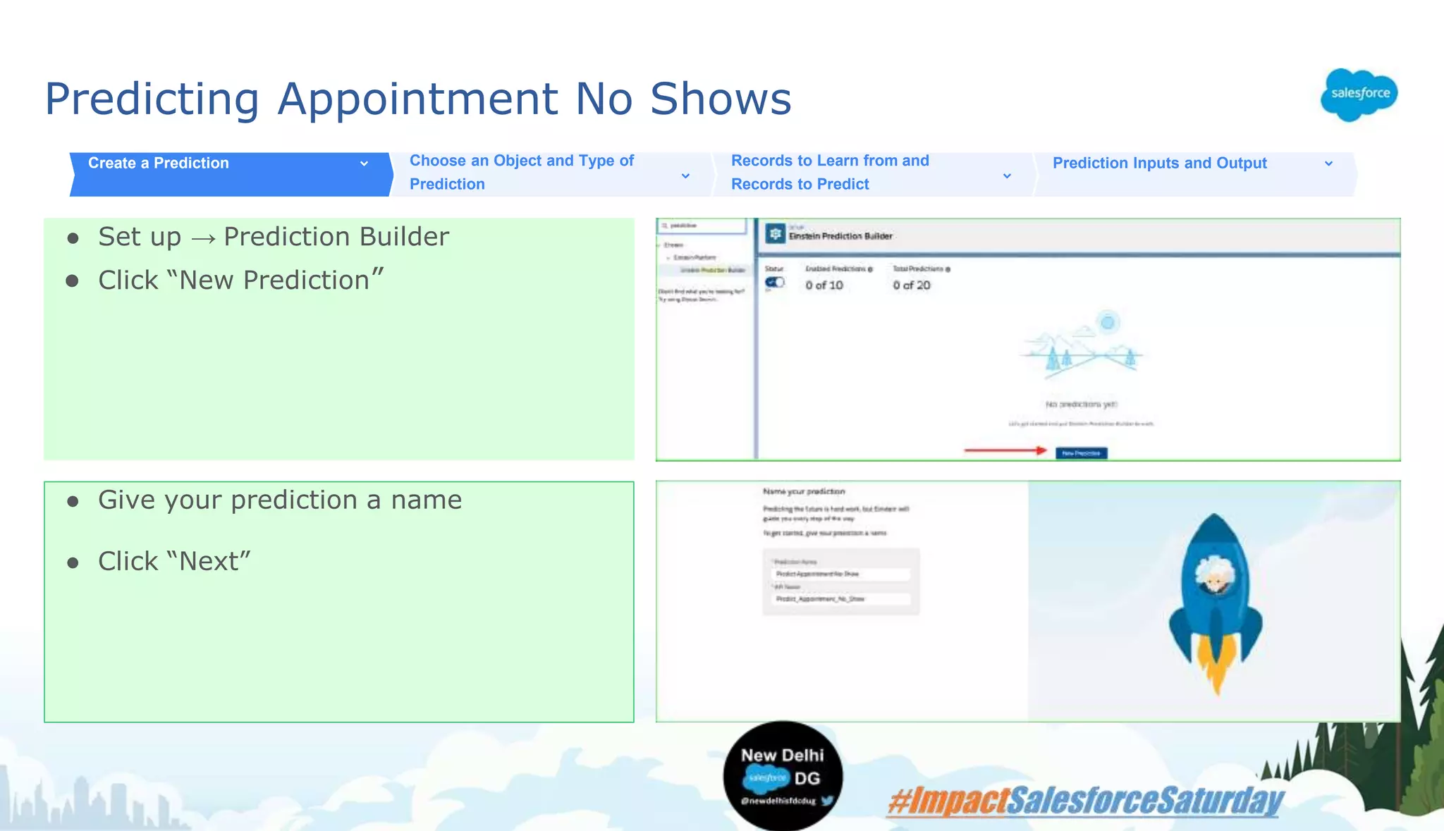 Predicting Appointment No Shows
● Set up → Prediction Builder
● Click “New Prediction”
Create a Prediction Choose an Object and Type of
Prediction
Records to Learn from and
Records to Predict
Prediction Inputs and Output
● Give your prediction a name
● Click “Next”
 