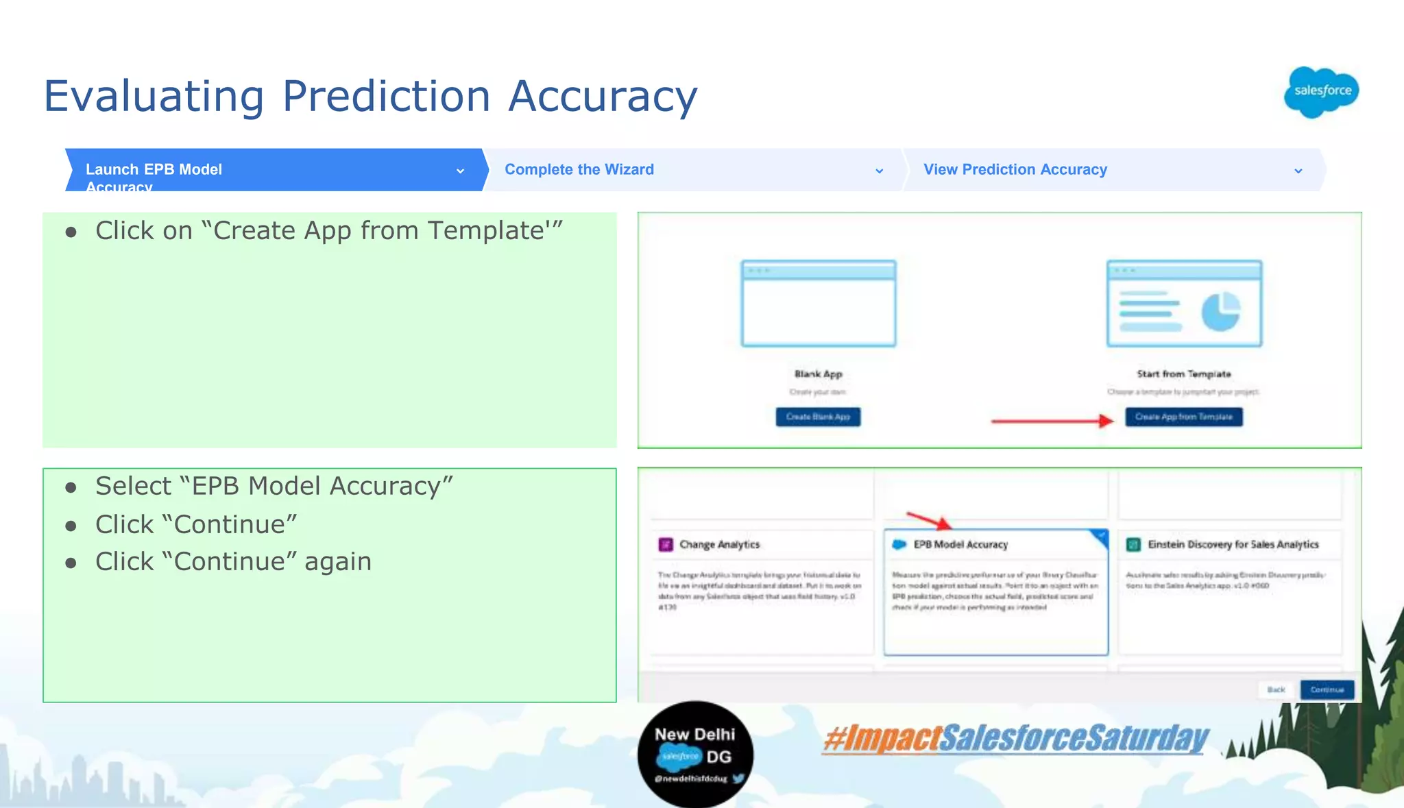 Evaluating Prediction Accuracy
● Click on “Create App from Template'”
Launch EPB Model
Accuracy
Complete the Wizard View Prediction Accuracy
● Select “EPB Model Accuracy”
● Click “Continue”
● Click “Continue” again
 