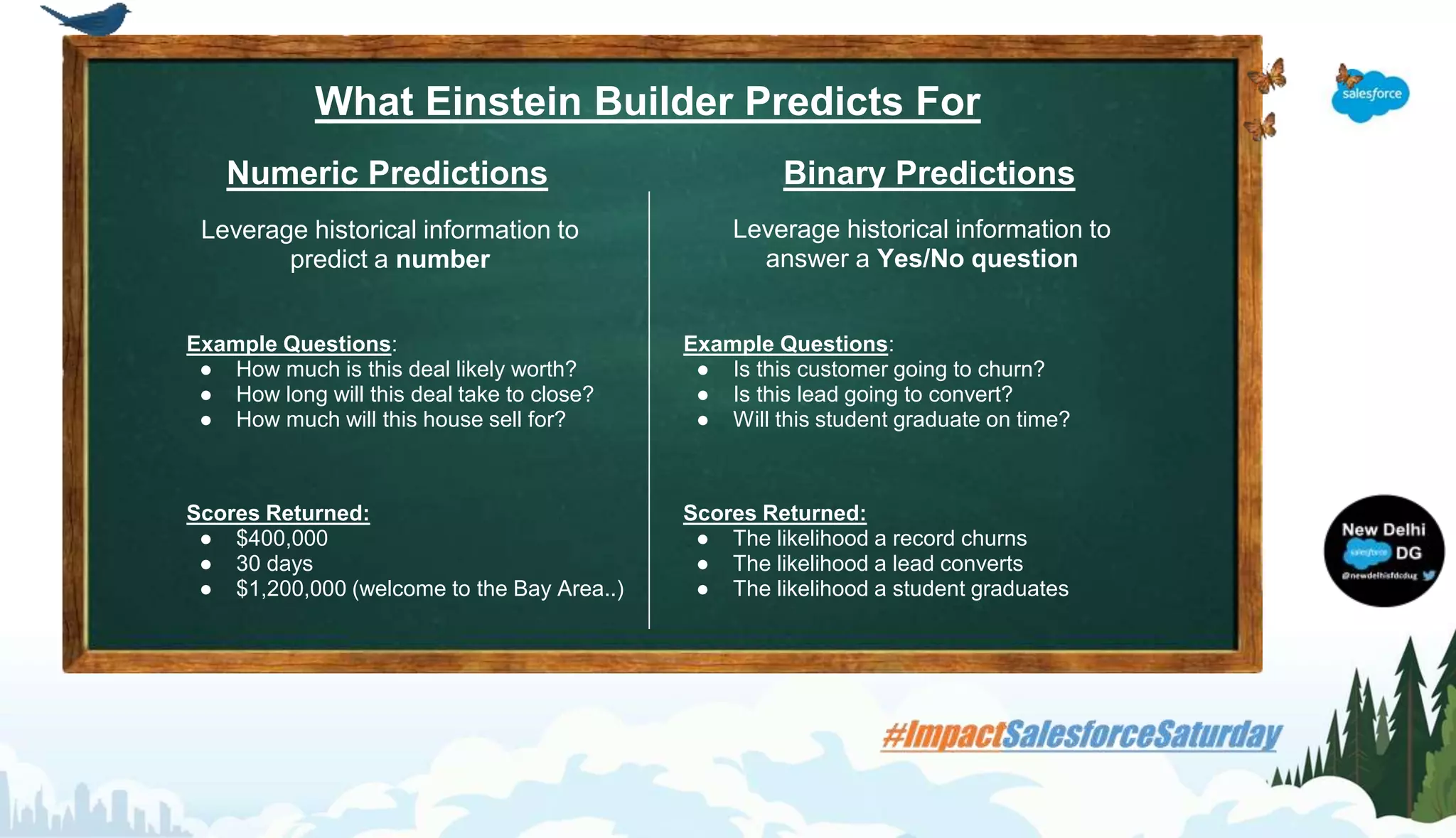 Subtitle placeholder
What Einstein Builder Predicts For
Numeric Predictions
Leverage historical information to
predict a number
Binary Predictions
Leverage historical information to
answer a Yes/No question
Scores Returned:
● $400,000
● 30 days
● $1,200,000 (welcome to the Bay Area..)
Scores Returned:
● The likelihood a record churns
● The likelihood a lead converts
● The likelihood a student graduates
Example Questions:
● Is this customer going to churn?
● Is this lead going to convert?
● Will this student graduate on time?
Example Questions:
● How much is this deal likely worth?
● How long will this deal take to close?
● How much will this house sell for?
 