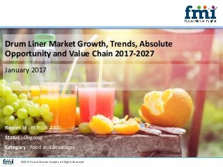 Drum Liner Market Growth, Trends, Absolute
Opportunity and Value Chain 2017-2027
January 2017
©2015 Future Market Insights, All Rights Reserved
Report Id : REP-GB-2700
Status : Ongoing
Category : Food and Beverages
 