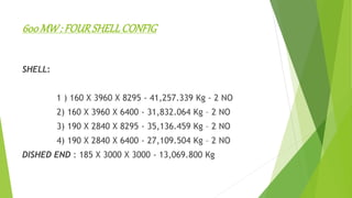 600MW: FOURSHELLCONFIG
SHELL:
1 ) 160 X 3960 X 8295 - 41,257.339 Kg - 2 NO
2) 160 X 3960 X 6400 - 31,832.064 Kg – 2 NO
3) 190 X 2840 X 8295 - 35,136.459 Kg – 2 NO
4) 190 X 2840 X 6400 - 27,109.504 Kg – 2 NO
DISHED END : 185 X 3000 X 3000 - 13,069.800 Kg
 