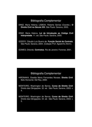 1/3/2010




             Bibliografia Complementar
DINIZ, Maria Helena; LISBOA, Roberto Senise (Coords.). O
  Direito Civil no Século XXI. São Paulo: Saraiva, 2003.


DINIZ, Maria Helena. Lei de Introdução ao Código Civil
  Interpretada. 11. ed. São Paulo: Saraiva, 2005.


GODOY, Cláudio Luiz Bueno de. Função Social do Contrato.
 São Paulo: Saraiva, 2004. (Coleção Prof. Agostinho Alvim).


GOMES, Orlando. Contratos. Rio de Janeiro: Forense, 2001.




             Bibliografia Complementar
HIRONAKA, Giselda Maria Fernandes Novaes. Direito Civil.
  Belo Horizonte: Del Rey, 2000.


MONTEIRO, Washington de Barros. Curso de Direito Civil:
 Direito das Obrigações. 32. ed. São Paulo: Saraiva, 2003. v.
 4.


MONTEIRO, Washington de Barros. Curso de Direito Civil:
 Direito das Obrigações. 34. ed. São Paulo: Saraiva, 2003. v.
 5.




                                                                      5
 