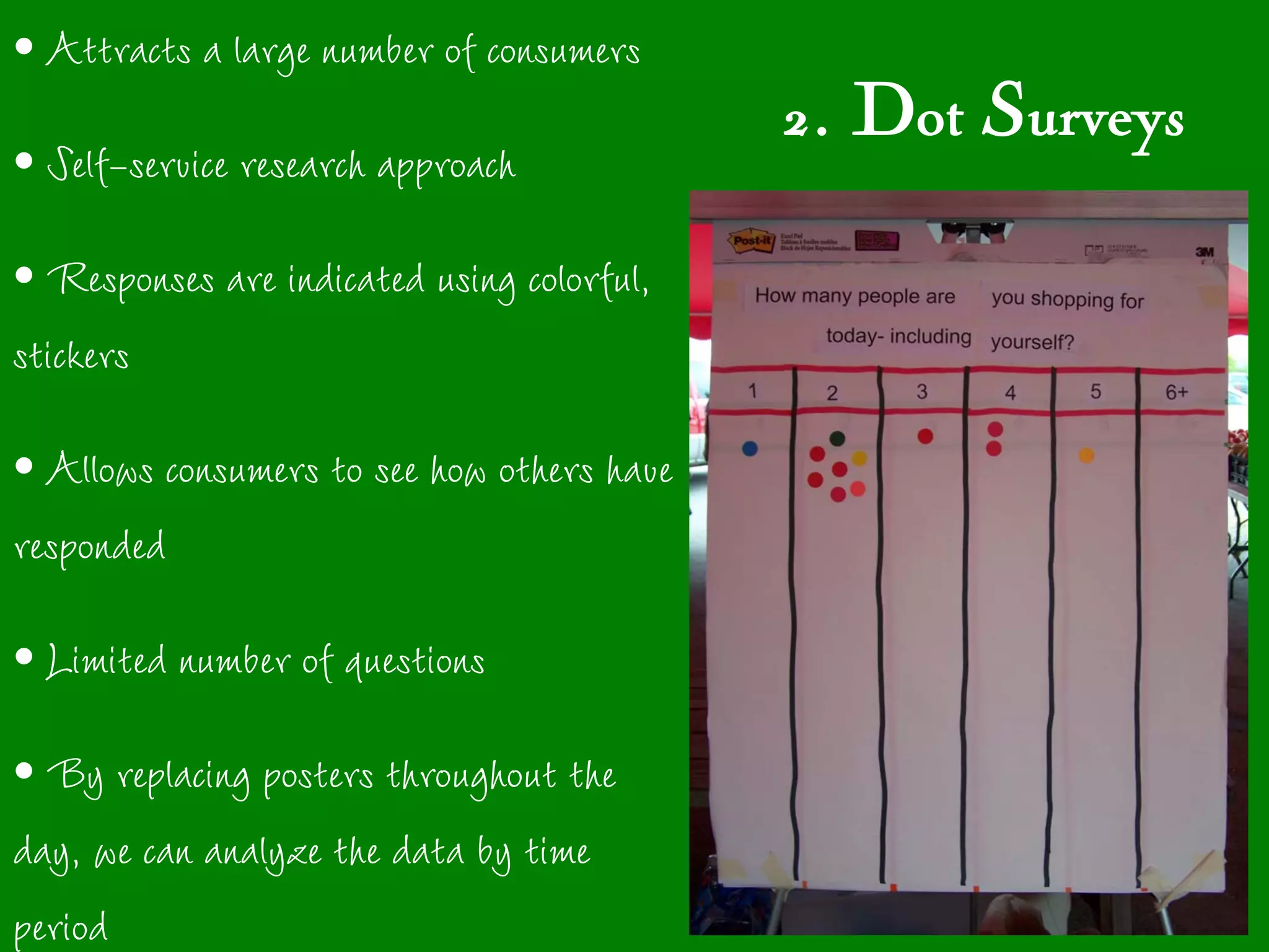 • Attracts a large number of consumers
                                            2. Dot Surveys
• Self-service research approach
• Responses are indicated using colorful,
stickers
• Allows consumers to see how others have
responded
• Limited number of questions
• By replacing posters throughout the
day, we can analyze the data by time
period
 