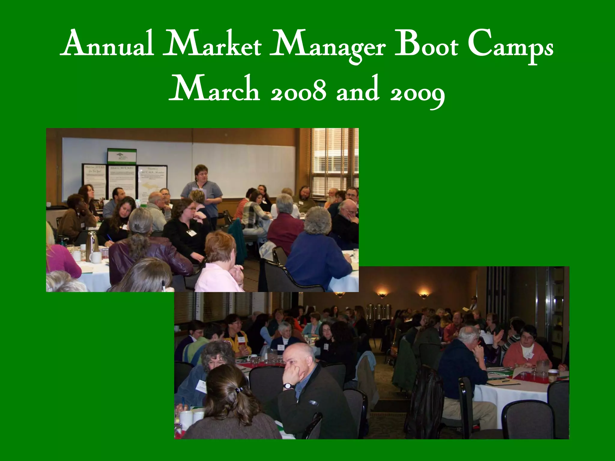 Annual Market Manager Boot Camps
       March 2008 and 2009
 
