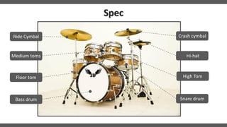 Spec
Crash cymbal
Hi-hat
High Tom
Snare drum
Ride Cymbal
Medium toms
Floor tom
Bass drum
 