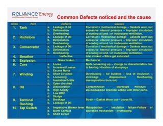 Common Defects noticed and the cause
Sl.No

Part

1.

Tank

2.

Radiators

3.

Conservator

4.
5.
6.

Breather
Explosion
Core

7.

Winding

8.

Oil

9.

Terminal
Bushing
Tap Switch

10

a.
b.
c.
a.
b.
c.
d.
a.
b.
c.
d.
a.
b.

Defects
Leakage of oil
Deformation
Overheating
Leakage of Oil
Deformation
Overheating
Leakage of Oil
Deformation
Overheating
Ineffective
Glass broken
Loose
Increased Losses
Excess Noise
Short Circuited
Loosening
Insulation Brittle
Open circuited
Discoloration
High Acidity
Low BDV
Sludge
Breakage
Leakage of Oil

a.
b.
c.

Inoperative Broken lever Maloperation – Insulation failure–Failure
Burnt Contact
operation mechanism – overheating
Short Circuit

a.
b.
c.
a.
b.
c.
a.
b.
c.

Causes
Corrosion / mechanical damage – Gaskets worn out
excessive internal pressure – Improper circulation
of cooling oil and / or inadequate ventilation.
Corrosion / mechanical damage – Gaskets worn out
excessive internal pressure – Improper circulation
of cooling oil and / or inadequate ventilation.
Corrosion / mechanical damage – Gaskets worn out
excessive internal pressure – Improper circulation
of cooling oil and / or inadequate ventilation.
Inlet choked – Silica gel saturated
Mechanical
Bolts loosening up – change in characteristics due
to heating vibration of stampings
Overloading – Air bubbles – loss of insulation –
shrinkage
displacement
Overheating
decomposition burn out.
Contamination
–
Increased
moisture
Decomposition chemical action with other parts.

–

Strain – Gasket Worn out – Loose fit.
of

 