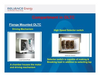 Compartment in OLTC
Flange Mounted OLTC
Driving Mechanism

High Speed Selector switch

Selector switch is capable of making &
Breaking load in addition to selecting tap
A chamber houses the motor
and driving mechanism

 