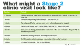 What might a Stage 2
clinic visit look like?
Duration Activity
10 minutes Language sample collected – primary aim to determine that criterion for stage 2 is
retained
1 minute Clinician and parent give this sample a SR and discuss
1 minute Parent gives SRs for previous week (only collected week prior to appt)
5 minutes General discussion about child’s speech and the SRs previously given
5 minutes Discussion of therapy since last appointment in detail and what action the parent took
if stuttering occurred
5 minutes If child not meeting criterion, discuss possible actions
5 minutes If child meeting criterion, discuss systematic withdrawal of treatment
1 minute Schedule next stage 2 visit (if appropriate)
 