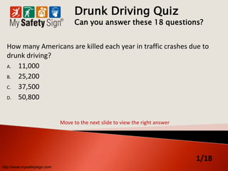 Drunk Driving Quiz
                                    Can you answer these 18 questions?


  How many Americans are killed each year in traffic crashes due to
  drunk driving?
  A. 11,000

  B. 25,200

  C. 37,500

  D. 50,800



                              Move to the next slide to view the right answer




                                                                                1/18
http://www.mysafetysign.com
 