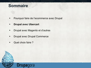 Sommaire <ul><li>Pourquoi faire de l’ecommerce avec Drupal </li></ul><ul><li>Drupal avec Ubercart </li></ul><ul><li>Drupal...