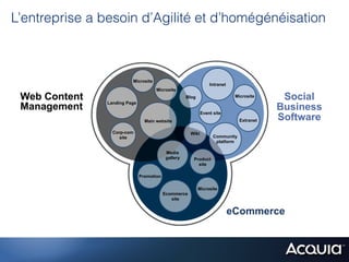 L’entreprise a besoin d’Agilité et d’homégénéisation



                         Microsite
                                                                 Intranet
                                     Microsite
 Web Content   Landing Page
                                                     Blog                    Microsite     Social
 Management                                                  Event site
                                                                                          Business
                                Main website                                   Extranet   Software
                 Corp-com                             Wiki
                    site                                           Community
                                                                    platform

                                           Media
                                           gallery      Product
                                                          site

                              Promotion

                                                            Microsite
                                          Ecommerce
                                             site


                                                                            eCommerce
 