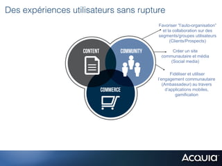Des expériences utilisateurs sans rupture
                                       Favoriser “l’auto-organisation”
                                         et la collaboration sur des
                                       segments/groupes utilisateurs
                                             (Clients/Prospects)

                                             Créer un site
                                        communautaire et média
                                            (Social media)

                                               Fidéliser et utiliser
                                       l’engagement communautaire
                                          (Ambassadeur) au travers
                                            d’applications mobiles,
                                                  gamification
 