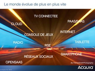 Le monde évolue de plus en plus vite




                                             By PatrickSmithPhotography!


© Acquia, Inc. 2012.!
 