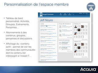 Personnalisation de l’espace membre


•  Tableau de bord
 personnalisé: Activités,
 Groupes, Evènements,
 Personnes…

•  Abonnements à des
 contenus, groupes,
 personnes et discussions

•  Afﬁchage du «contenu
 actif» permet de voir les
 membres des communautés
 dont le contenu est
 intéressant à l’instant T…
                              Users work the way they want with dashboards
 