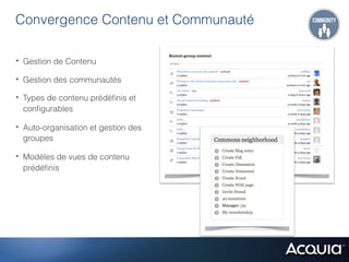 Convergence Contenu et Communauté

•  Gestion de Contenu
•  Gestion des communautés
•  Types de contenu prédéﬁnis et
  conﬁgurables

•  Auto-organisation et gestion des
  groupes

•  Modèles de vues de contenu
  prédéﬁnis
 