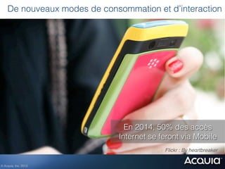 De nouveaux modes de consommation et d’interaction




                               En 2014, 50% des accès
                             Internet se feront via Mobile
                                         §    Flickr : By heαrtbreaker!

© Acquia, Inc. 2012.!
 