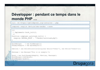 Développer : pendant ce temps dans le
monde PHP …
curl -sS https://getcomposer.org/installer | php
composer require devtur...