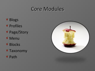Core Modules Blogs Profiles Page/Story Menu Blocks Taxonomy Path 
