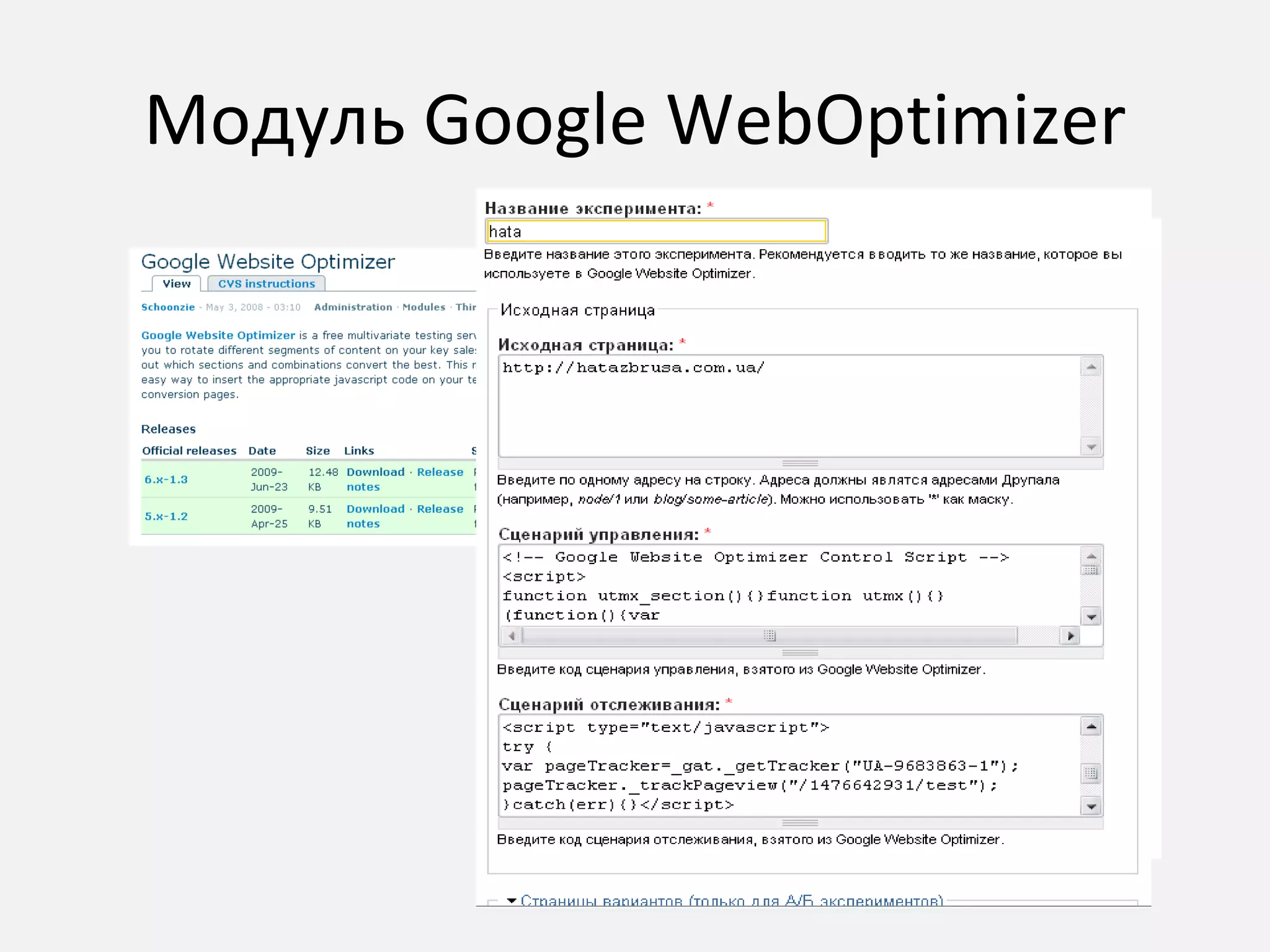 Модуль  Google WebOptimizer 