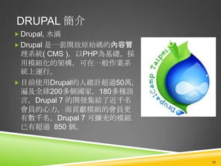 DRUPAL 簡介
 Drupal, 水滴
 Drupal 是一套開放原始碼的內容管
  理系統( CMS )，以PHP為基礎，採
  用模組化的架構，可在一般作業系
  統上運行。
 目前使用Drupal的人總計超過50萬，
  遍及全球200多個國家，180多種語
  言，Drupal 7 的開發集結了近千名
  會員的心力，而貢獻模組的會員更
  有數千名，Drupal 7 可擴充的模組
  已有超過 850 個。



                         15
 