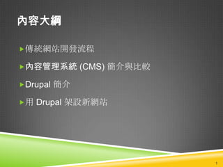 內容大綱

傳統網站開發流程

內容管理系統 (CMS) 簡介與比較

Drupal 簡介

用 Drupal 架設新網站




                      1
 