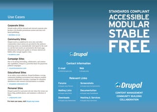 STANDARDS COMPLIANT
                                                                                                                ACCESSIBLE
Use Cases

                                                                                                                MODULAR
Corporate Sites
Drupal works well for internal and external corporate sites




                                                                                                                STAB_LE
because of its ﬂexible permissions system and easy web-
based publishing.
 obsidian.co.za

Community Sites



                                                                                                                FREE
Drupal excels as a platform for news sites and other
communities where stories are provided by the audience.
Incoming stories are automatically voted upon by the read-
ers and the best stories are promoted to the home page.
Submissions with poorer quality or of lesser interest are
hidden after enough negative votes.

                                                                                   Drupal
 ecademy.com

Campaign Sites
Due to its strong networking, collaborative, and commu-
                                                                         Contact Information
nity capabilities, Drupal is a powerful choice for grassroots
political campaigns.
                                                                E-mail                Web
  musicforamerica.com
                                                                info@drupal.org       drupal.org
Educational Sites
As an online course platform, Drupal facilitates a strong
community-building environment and enhances student-
                                                                            Relevant Links
centered collaborative learning. A package for education
distribution with extensive documentation is available.


                                                                                                                      Drupal
                                                                Forums                Screenshots
  drupaled.cyberdash.net
                                                                drupal.org/forum       drupal.org/screenshots
Personal Sites
                                                                Mailing Lists         Documentation
Drupal is great for a personal web site where the owner can
                                                                                                                   CONTENT MANAGEMENT
keep a blog, publish photos, and maintain a collection of       drupal.org/lists       drupal.org/handbook
links.
                                                                                                                    COMMUNITY BUILDING
                                                                Downloads             Hosting & Services
  urlgreyhot.com
                                                                                                                      COLLABORATION
                                                                drupal.org/download    drupal.org/services
For more use cases, visit drupal.org/cases
