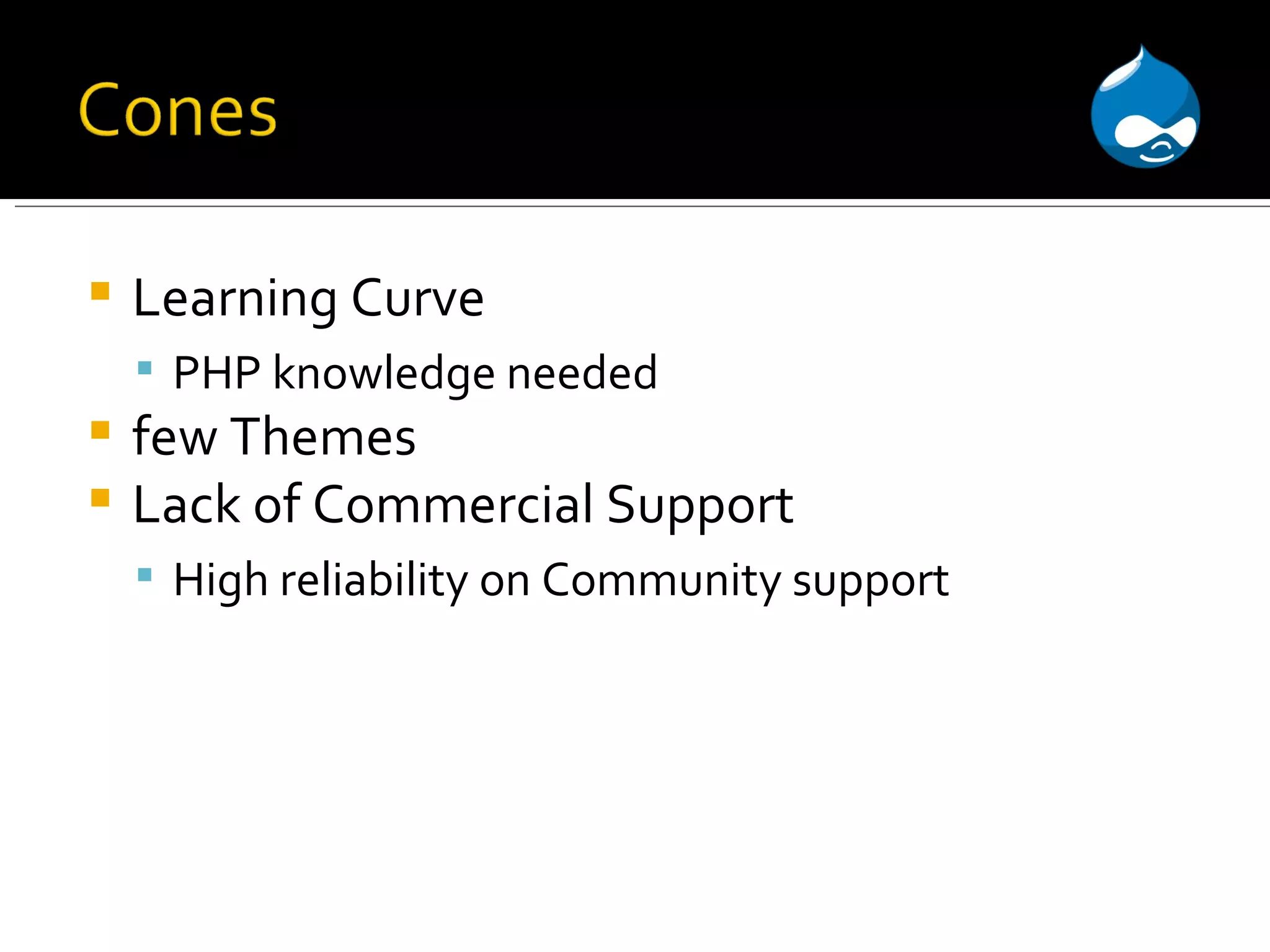 Learning Curve PHP knowledge needed few Themes Lack of Commercial Support High reliability on Community support 