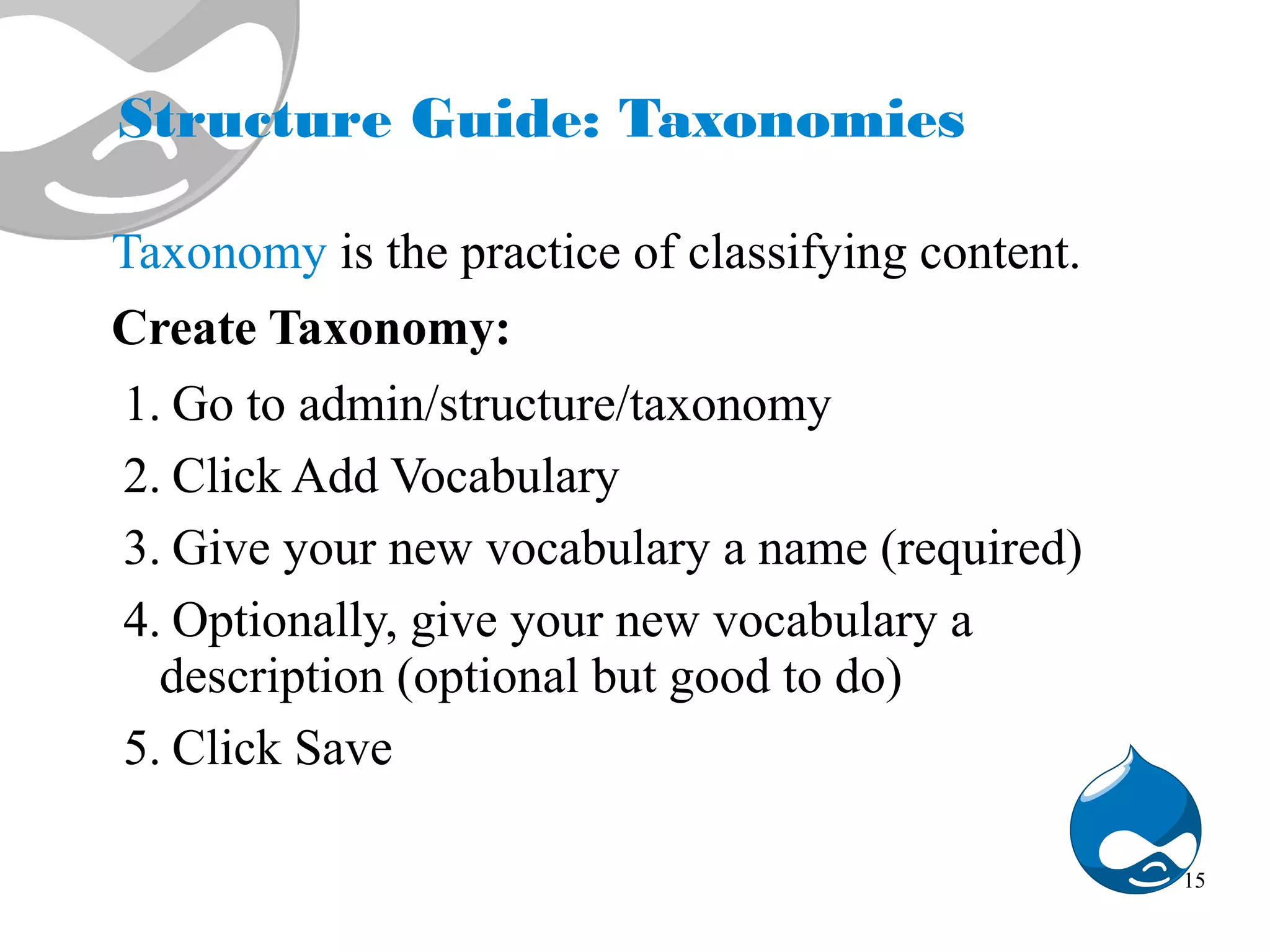 Structure Guide: Taxonomies Taxonomy is the practice of classifying content. Create Taxonomy: 1. Go to admin/structure/taxonomy 2. Click Add Vocabulary 3. Give your new vocabulary a name (required) 4. Optionally, give your new vocabulary a description (optional but good to do) 5. Click Save 15 