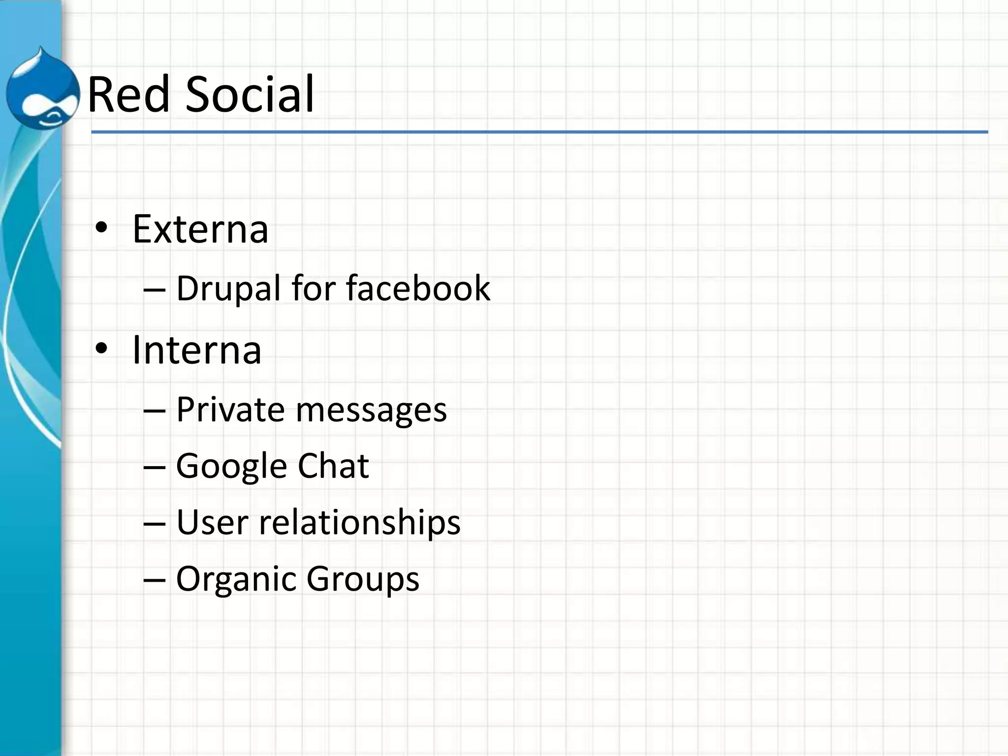 Red Social
• Externa
– Drupal for facebook
• Interna
– Private messages
– Google Chat
– User relationships
– Organic Groups
 