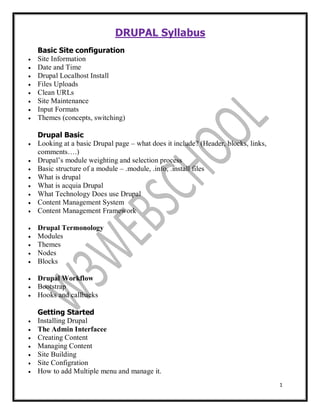 1
DRUPAL Syllabus
Basic Site configuration
 Site Information
 Date and Time
 Drupal Localhost Install
 Files Uploads
 Clean URLs
 Site Maintenance
 Input Formats
 Themes (concepts, switching)
Drupal Basic
 Looking at a basic Drupal page – what does it include? (Header, blocks, links,
comments….)
 Drupal’s module weighting and selection process
 Basic structure of a module – .module, .info, .install files
 What is drupal
 What is acquia Drupal
 What Technology Does use Drupal
 Content Management System
 Content Management Framework
 Drupal Termonology
 Modules
 Themes
 Nodes
 Blocks
 Drupal Workflow
 Bootstrap
 Hooks and callbacks
Getting Started
 Installing Drupal
 The Admin Interfacee
 Creating Content
 Managing Content
 Site Building
 Site Configration
 How to add Multiple menu and manage it.
 